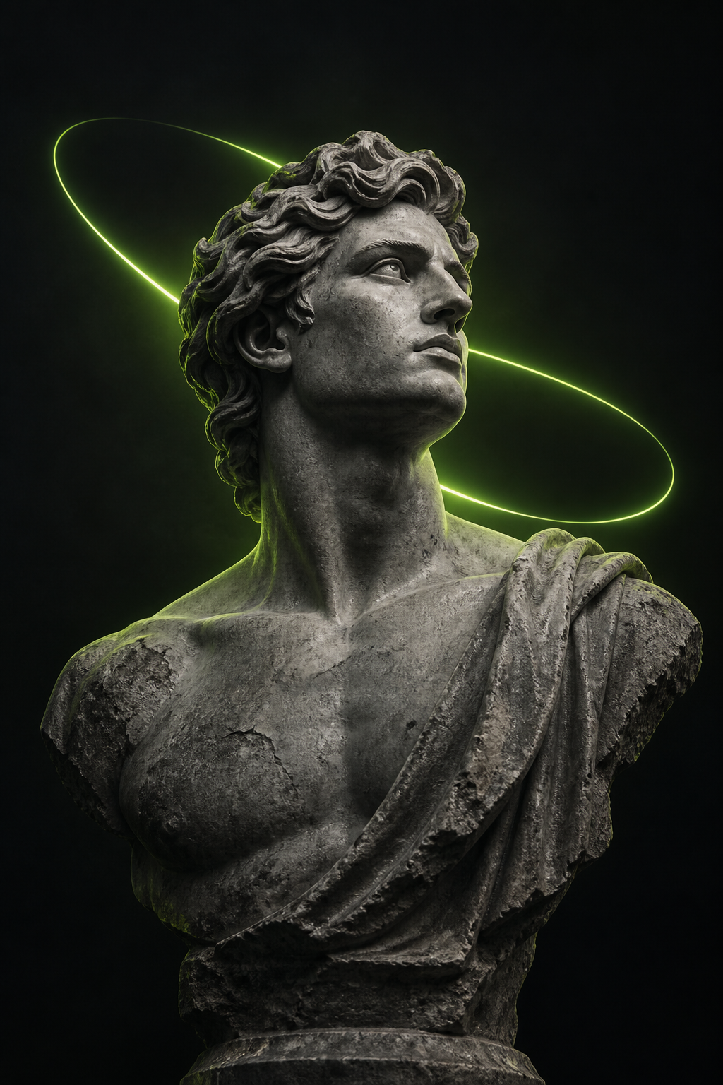 A weathered marble figure illuminated by a vivid green ribbon of light